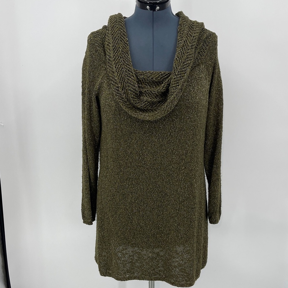 Chico's Olive Green Cowl Neck Sweater  WOMENS SIZE 3 GOLD METALLIC THREAD